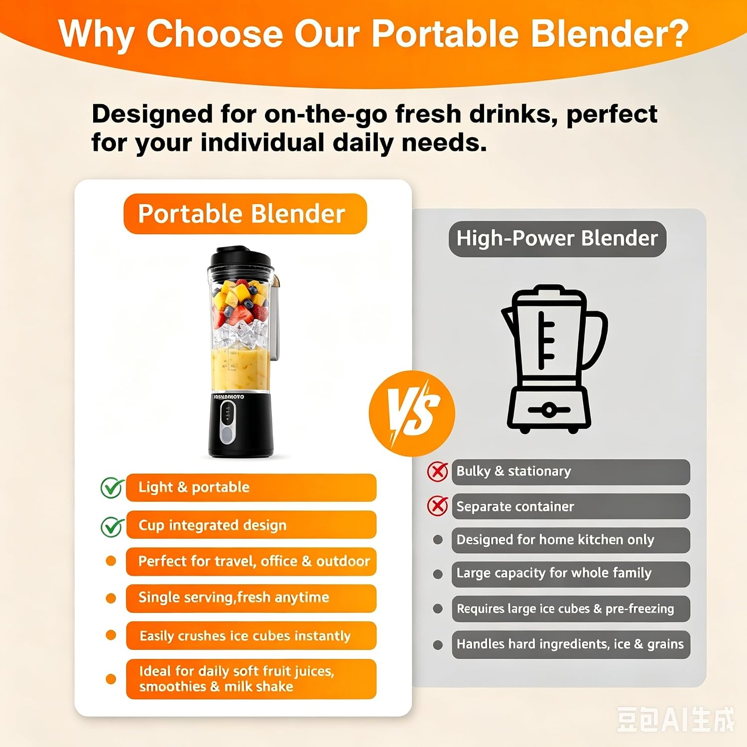 Small Personal Size Portable Blender - Mini Blender Make Smoothies & Shakes | Leak-proof Travel Lid, Powerful Blending Freshly Squeezed Drinks Anytime, Anywhere